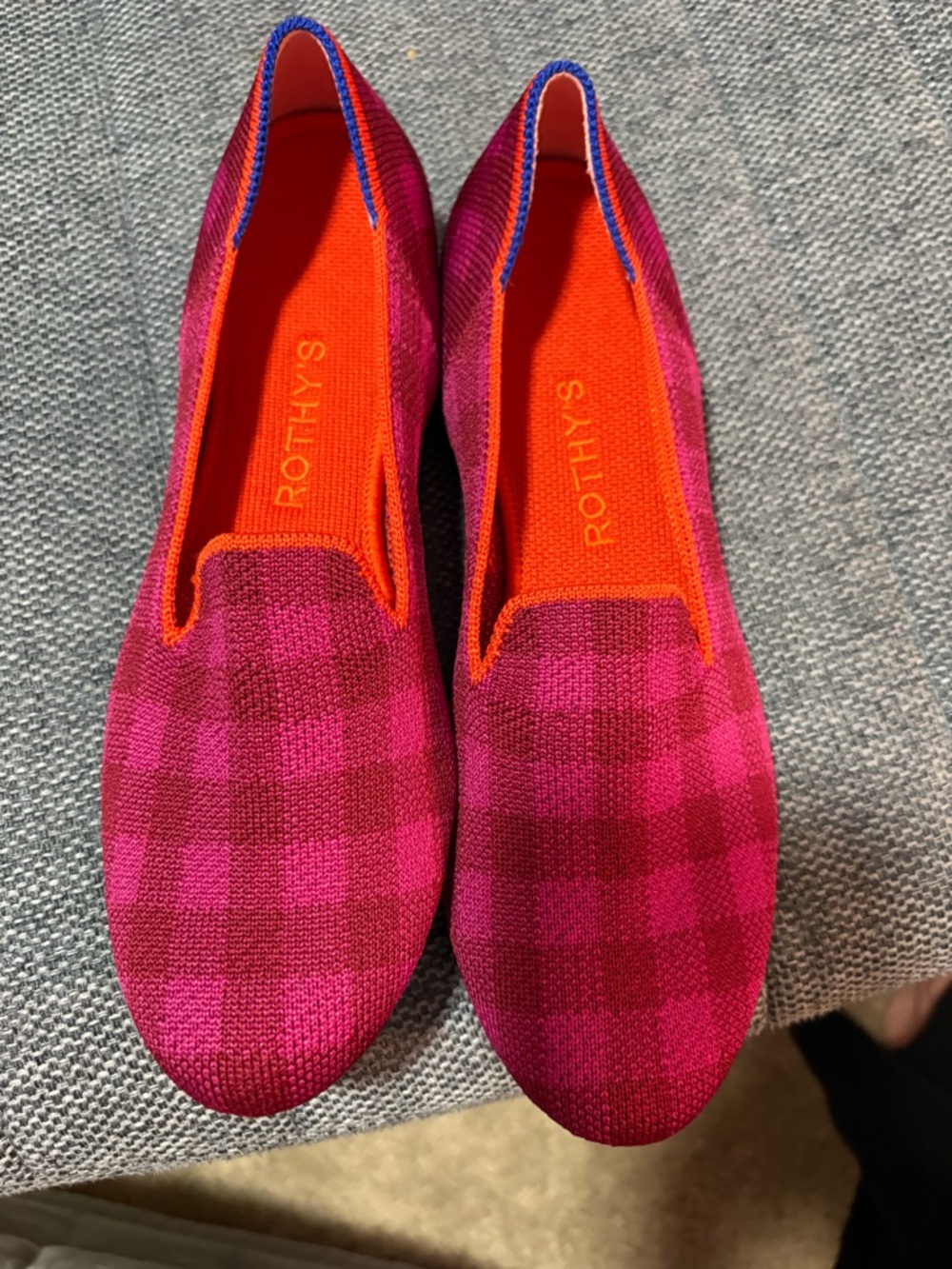 Rothy's Pink and Orange Plaid Knit Slip-Ons